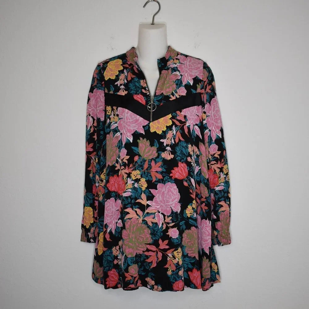 Zara Babydoll Dress Sz XS Floral Zip Up Mock Neck Boho Whimsygoth 70s